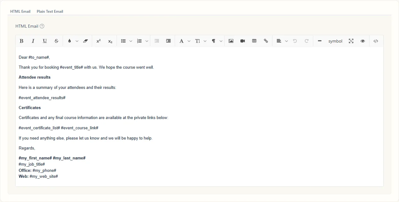 The email template editor, showing a course-completion email built with merge fields such as the recipient name and event title.