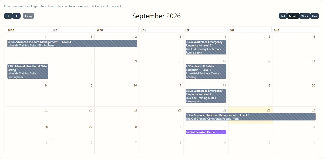 A month calendar of scheduled training events, each showing start time, course title and venue.