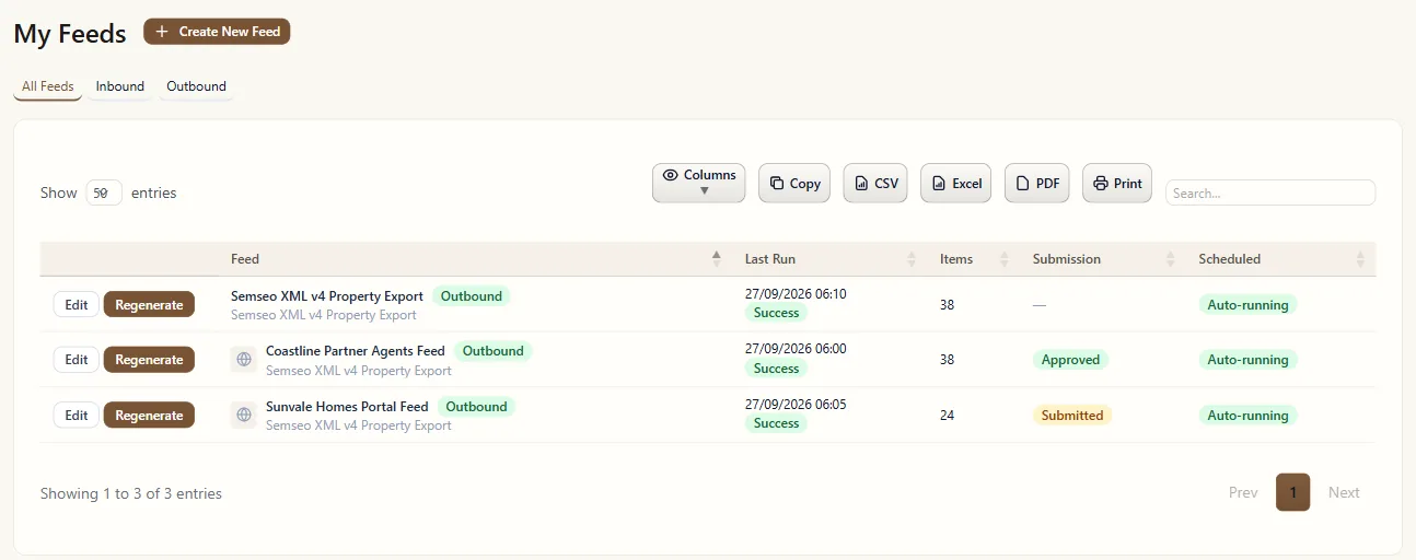 The My Feeds list of outbound property feeds to partner agents and portals, showing each feed's last run time and status, number of properties included, submission status and whether it runs automatically.