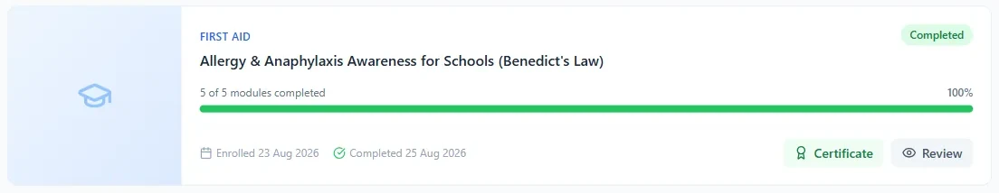 A completed online course on a learner's semseo.training course list, showing all five modules done and a Certificate button.