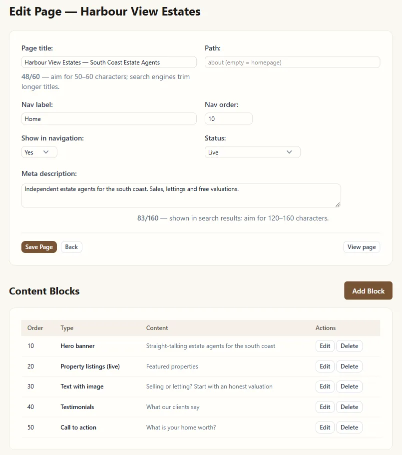 The website page editor, with page title and meta description length guidance and the list of content blocks on the page.